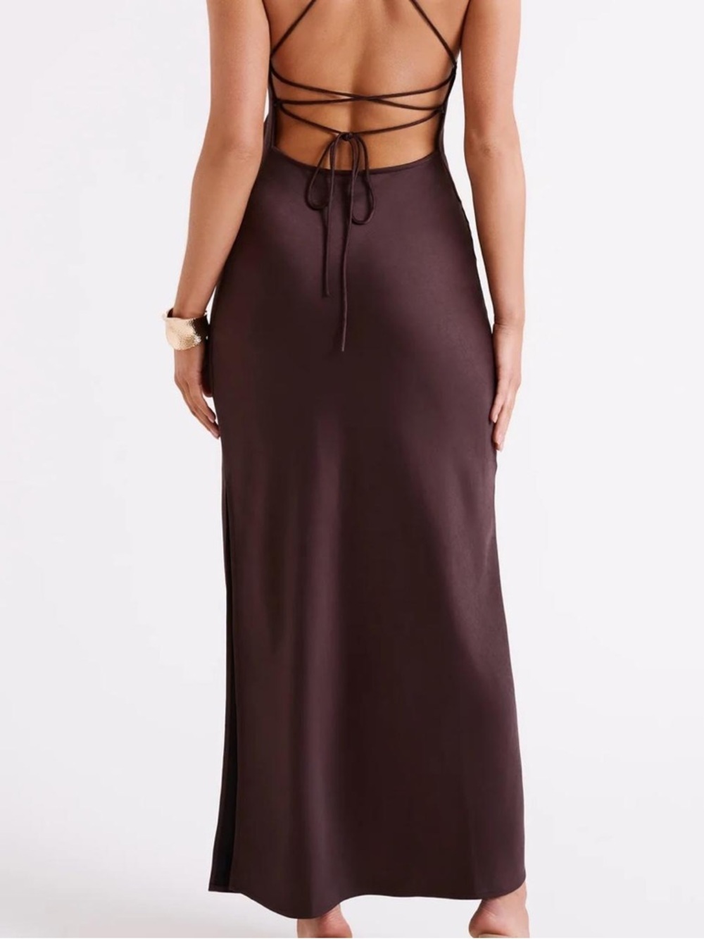 Meshki Chocolate Brown Satin Slip Maxi Dress - Picture 2 of 5